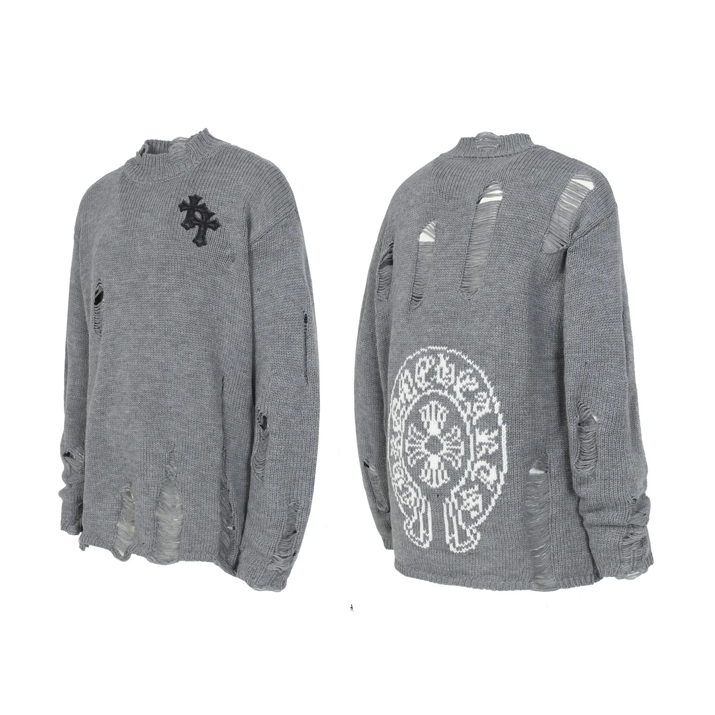 P260 #M901 Cross-border running quantity model, please do not place an order if you pursue quality - Chrome Hearts/Chrome Heart Jacquard Sanskrit Cross✝️Frayed knitted sweater - High weight, high density and high quality. The wool is soft, delicate and skin-friendly. Soft and silky to the touch. Warmth and skin-friendly are excellent. - Custom-woven and dyed with no color difference. No matter the fabric or workmanship details, it beats the ordinary version on the market. - Hardware zipper accessories are all customized and full of details - Color: gray -Size: S M L XL